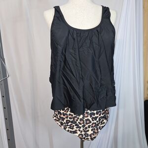 Black Ruffle Swim Top  with Leopard Print Swim Bottoms